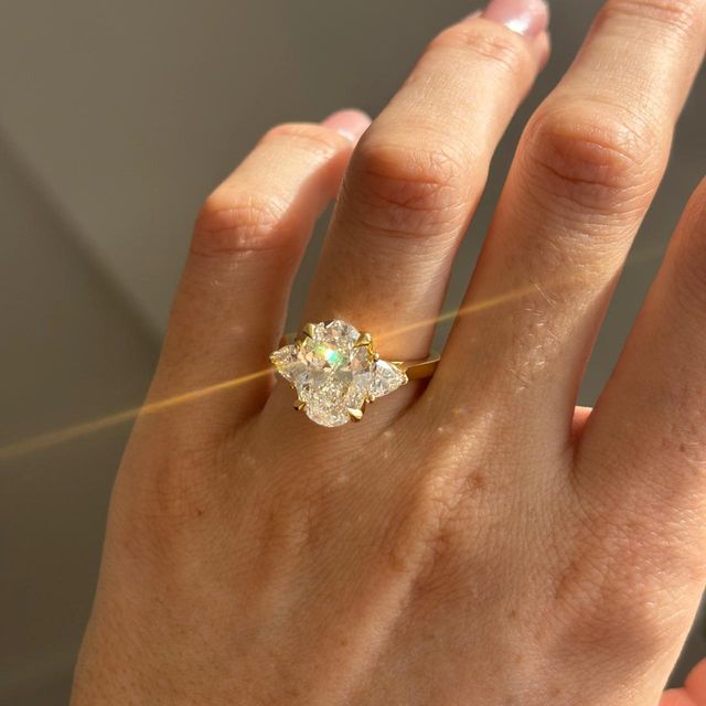 4 Carat Lab Grown Oval Diamond Trilogy Engagement Ring in Yellow Gold - Ciara