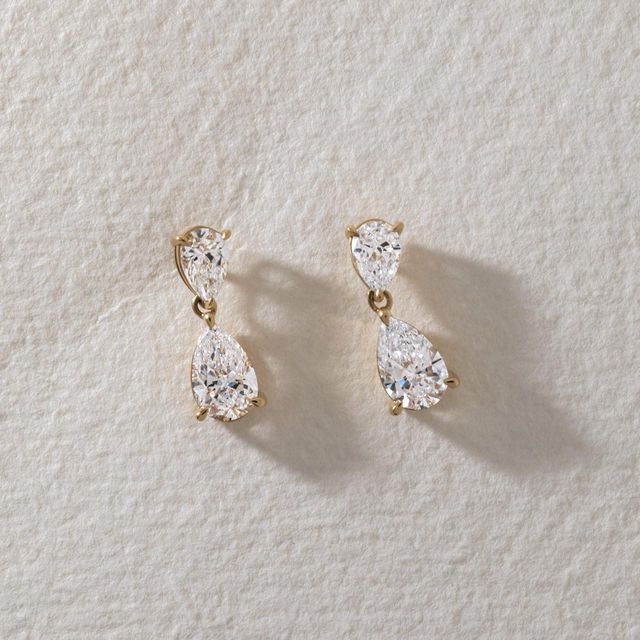 2 Carat Lab Grown Pear Shape Diamond Drop Earrings in Yellow Gold