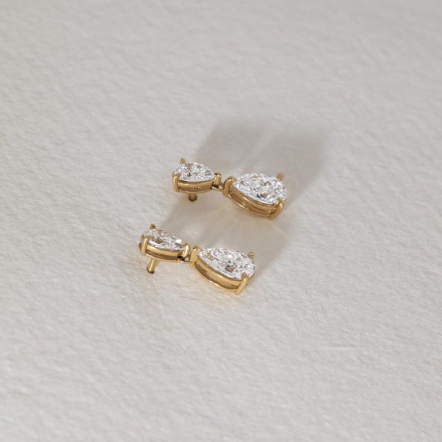 2 Carat Lab Grown Pear Shape Diamond Drop Earrings in Yellow Gold