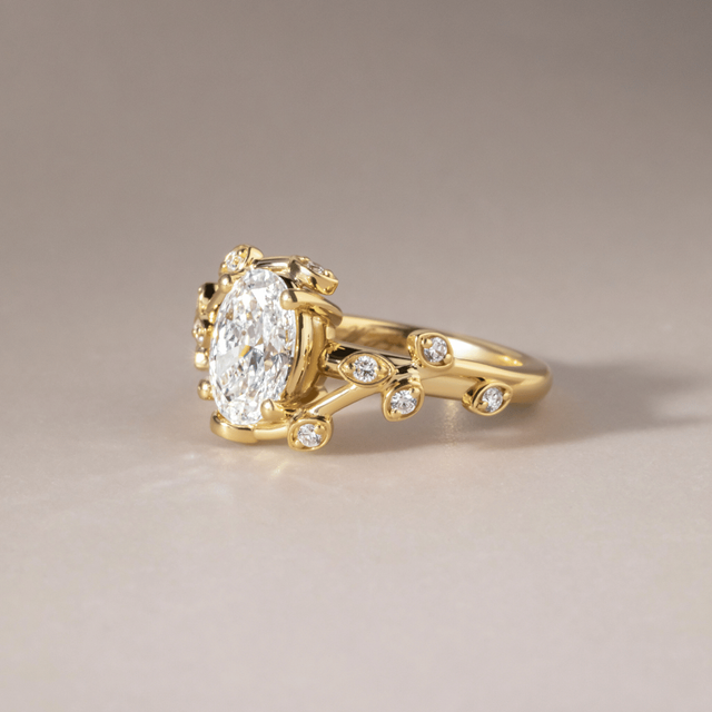 1.50 Carat Lab Grown Oval Diamond Floral Engagement Ring in Yellow Gold - Secret Garden