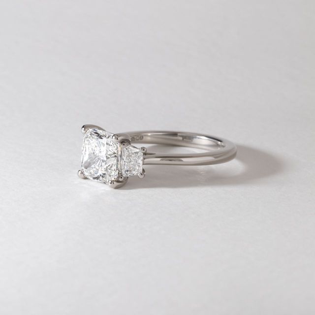 2.50 Carat Lab Grown Cushion Diamond Trilogy Engagement Ring in Platinum - Treya