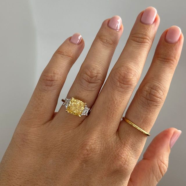 5 Carat Lab Grown Cushion Yellow Diamond Trilogy Engagement Ring in Two Tone - Bespoke