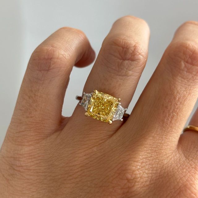 5 Carat Lab Grown Cushion Yellow Diamond Trilogy Engagement Ring in Two Tone - Bespoke