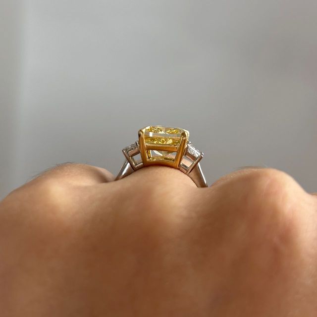 5 Carat Lab Grown Cushion Yellow Diamond Trilogy Engagement Ring in Two Tone - Bespoke