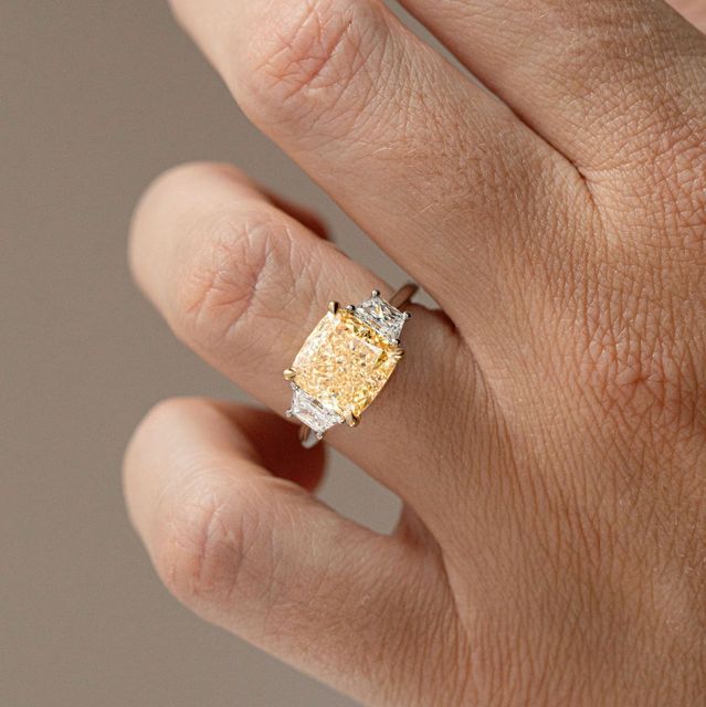 5 Carat Lab Grown Cushion Yellow Diamond Trilogy Engagement Ring in Two Tone - Bespoke