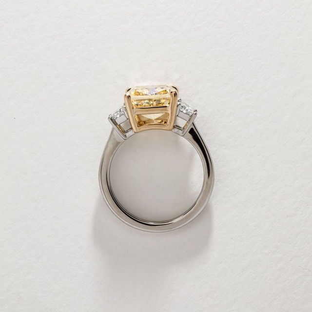 5 Carat Lab Grown Cushion Yellow Diamond Trilogy Engagement Ring in Two Tone - Bespoke