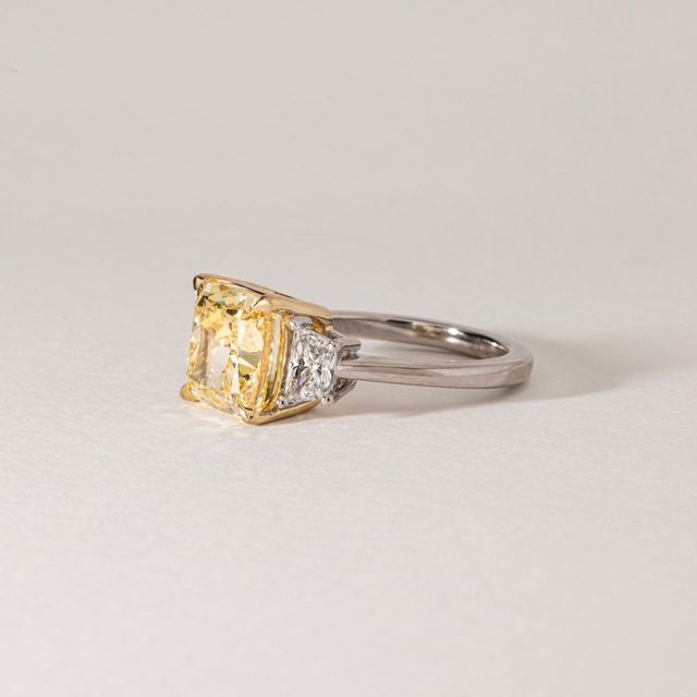 5 Carat Lab Grown Cushion Yellow Diamond Trilogy Engagement Ring in Two Tone - Bespoke