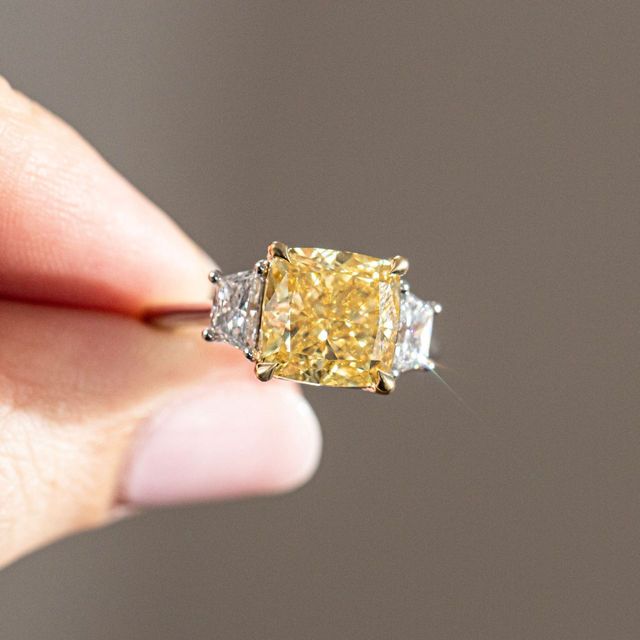 5 Carat Lab Grown Cushion Yellow Diamond Trilogy Engagement Ring in Two Tone - Bespoke
