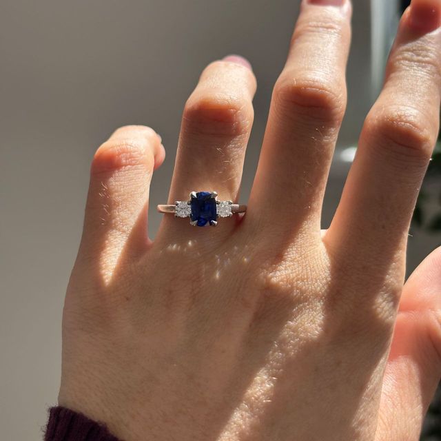 1.83 Carat Natural Elongated Cushion Blue Sapphire Trilogy Engagement Ring in Platinum - Rohini