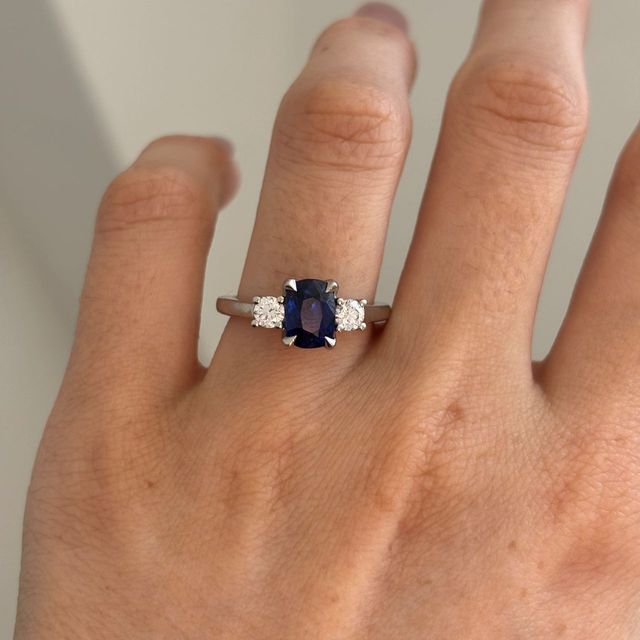 1.83 Carat Natural Elongated Cushion Blue Sapphire Trilogy Engagement Ring in Platinum - Rohini