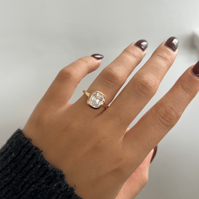 2.40 Carat Elongated Cushion Old Mine Cut Bezel Set Solitaire Ring in Yellow Gold - London