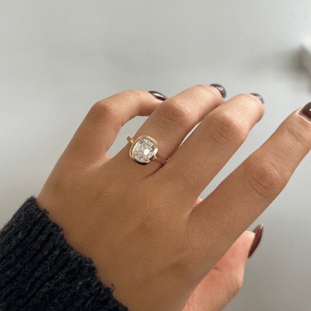 2.40 Carat Elongated Cushion Old Mine Cut Bezel Set Solitaire Ring in Yellow Gold - London