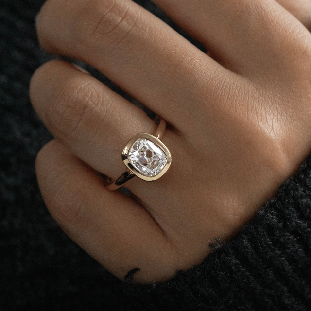 2.40 Carat Elongated Cushion Old Mine Cut Bezel Set Solitaire Ring in Yellow Gold - London