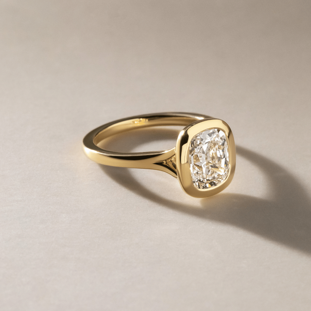 2.40 Carat Elongated Cushion Old Mine Cut Bezel Set Solitaire Ring in Yellow Gold - London