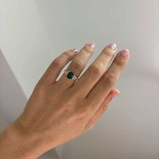 1.61 Carat Lab Grown Emerald Cut Green Emerald Cluster Engagement Ring in Yellow Gold - Anastasia