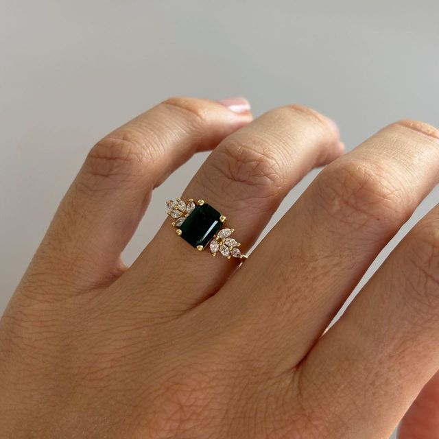 1.61 Carat Lab Grown Emerald Cut Green Emerald Cluster Engagement Ring in Yellow Gold - Anastasia