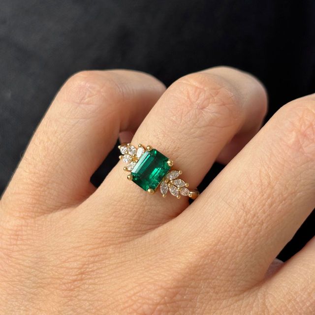 1.61 Carat Lab Grown Emerald Cut Green Emerald Cluster Engagement Ring in Yellow Gold - Anastasia