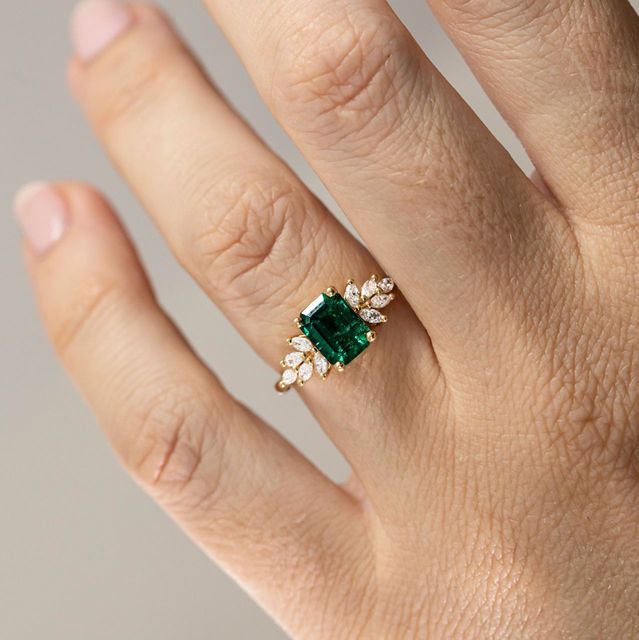1.61 Carat Lab Grown Emerald Cut Green Emerald Cluster Engagement Ring in Yellow Gold - Anastasia