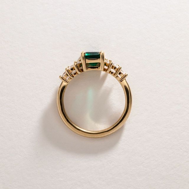 1.61 Carat Lab Grown Emerald Cut Green Emerald Cluster Engagement Ring in Yellow Gold - Anastasia