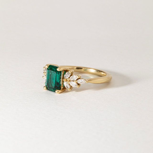 1.61 Carat Lab Grown Emerald Cut Green Emerald Cluster Engagement Ring in Yellow Gold - Anastasia