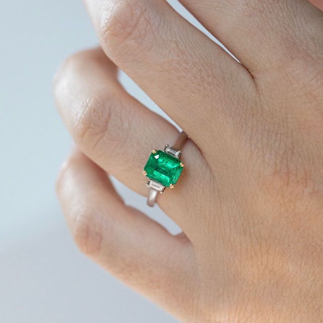 1.40 Carat Natural Emerald Cut Emerald Bespoke Trilogy Engagement Ring in Two Tone