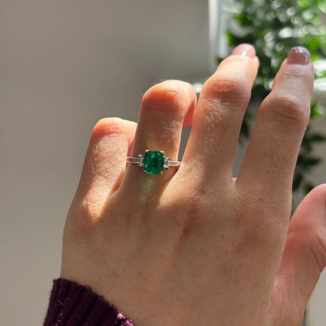 1.40 Carat Natural Emerald Cut Emerald Bespoke Trilogy Engagement Ring in Two Tone