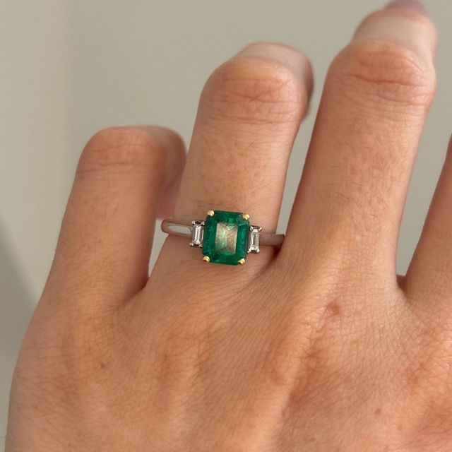 1.40 Carat Natural Emerald Cut Emerald Bespoke Trilogy Engagement Ring in Two Tone