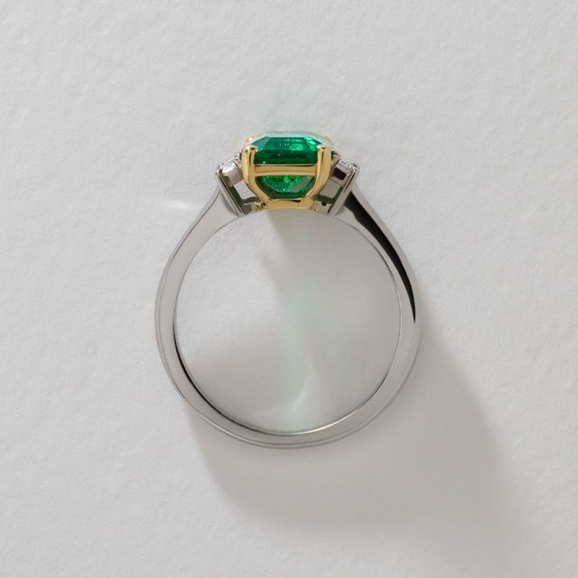 1.40 Carat Natural Emerald Cut Emerald Bespoke Trilogy Engagement Ring in Two Tone