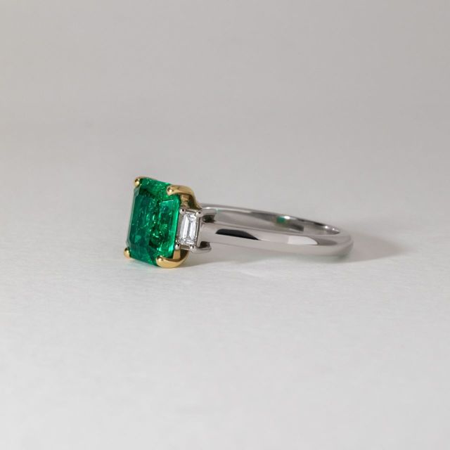 1.40 Carat Natural Emerald Cut Emerald Bespoke Trilogy Engagement Ring in Two Tone