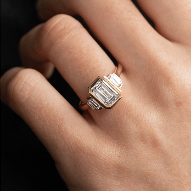 2.30 Carat Lab Grown Emerald Cut Diamond Bezel Set Engagement Ring in Yellow Gold - Lapilli Customised