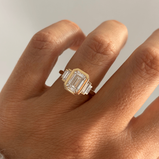 2.30 Carat Lab Grown Emerald Cut Diamond Bezel Set Engagement Ring in Yellow Gold - Lapilli Customised