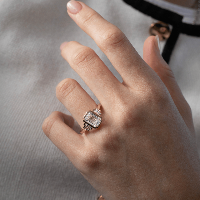 3 Carat Lab Grown Emerald Cut Diamond Bezel Set Engagement Ring in Yellow Gold - Lapilli Customised