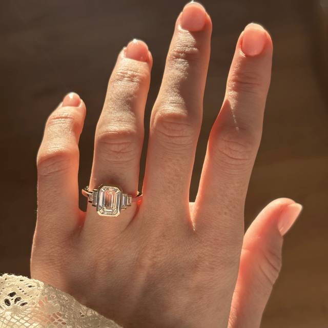 3 Carat Lab Grown Emerald Cut Diamond Bezel Set Engagement Ring in Yellow Gold - Lapilli Customised