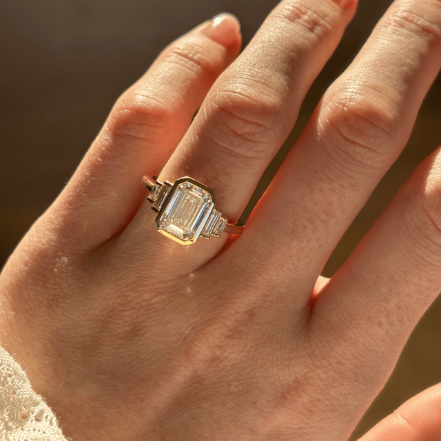 3 Carat Lab Grown Emerald Cut Diamond Bezel Set Engagement Ring in Yellow Gold - Lapilli Customised