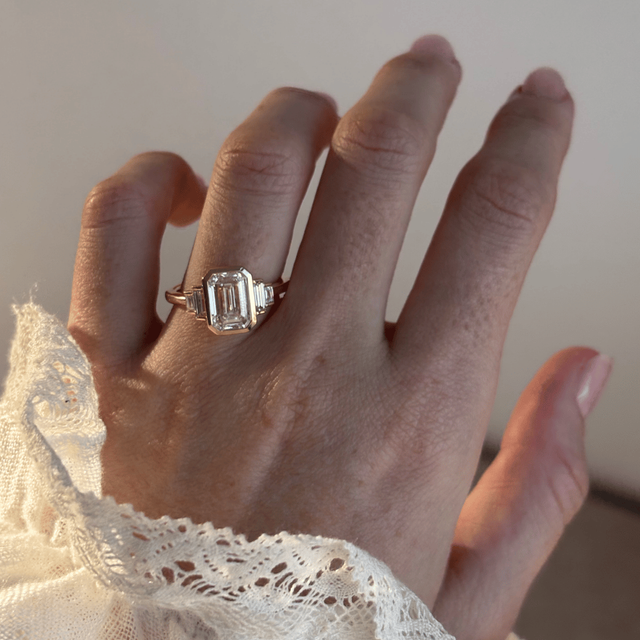 3 Carat Lab Grown Emerald Cut Diamond Bezel Set Engagement Ring in Yellow Gold - Lapilli Customised