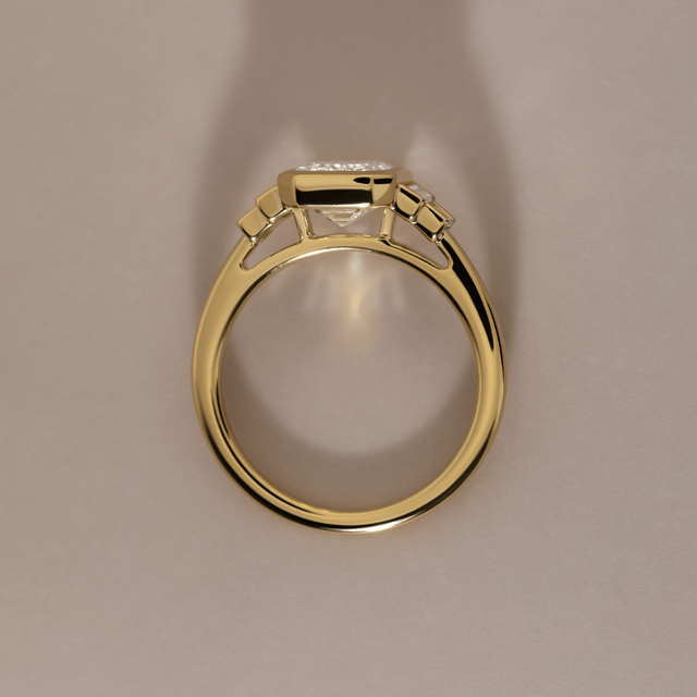 3 Carat Lab Grown Emerald Cut Diamond Bezel Set Engagement Ring in Yellow Gold - Lapilli Customised