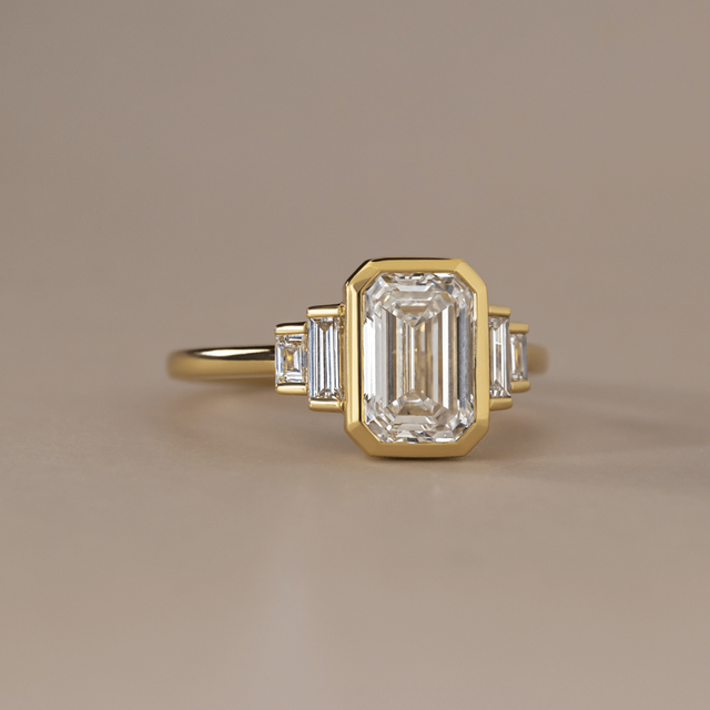 3 Carat Lab Grown Emerald Cut Diamond Bezel Set Engagement Ring in Yellow Gold - Lapilli Customised