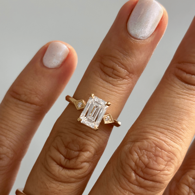 2 Carat Lab Grown Emerald Cut Diamond Vintage Engagement Ring in Yellow Gold - Athira