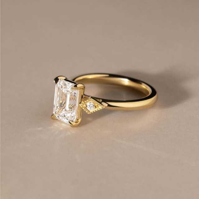 2 Carat Lab Grown Emerald Cut Diamond Vintage Engagement Ring in Yellow Gold - Athira