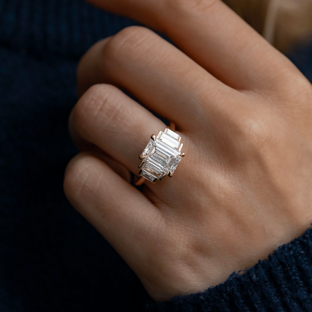 3 Carat Lab Grown Emerald Cut Diamond Five Stone Engagement Ring in Yellow Gold - Lapilli