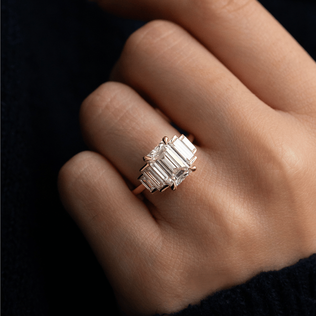 3 Carat Lab Grown Emerald Cut Diamond Five Stone Engagement Ring in Yellow Gold - Lapilli