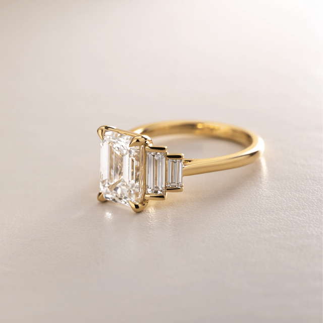 3 Carat Lab Grown Emerald Cut Diamond Five Stone Engagement Ring in Yellow Gold - Lapilli