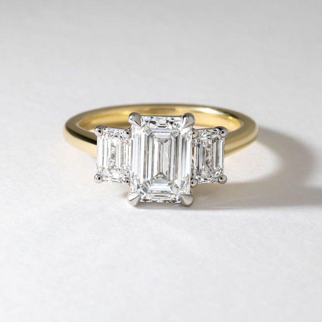 2.10 Carat Natural Emerald Cut Diamond Trilogy Engagement Ring in Two Tone - Julia