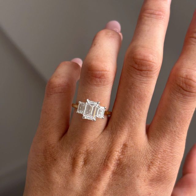 2.10 Carat Natural Emerald Cut Diamond Trilogy Engagement Ring in Two Tone - Julia
