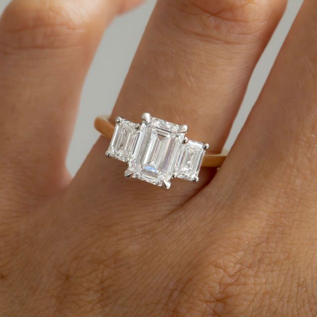 2.10 Carat Natural Emerald Cut Diamond Trilogy Engagement Ring in Two Tone - Julia