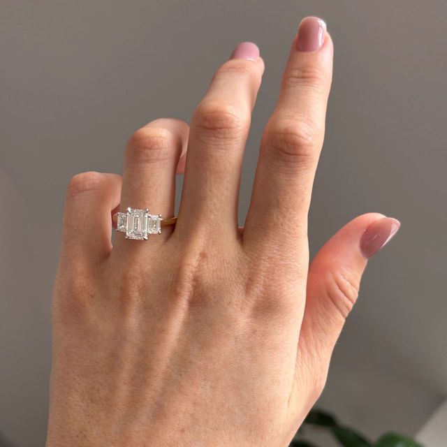 2.10 Carat Natural Emerald Cut Diamond Trilogy Engagement Ring in Two Tone - Julia