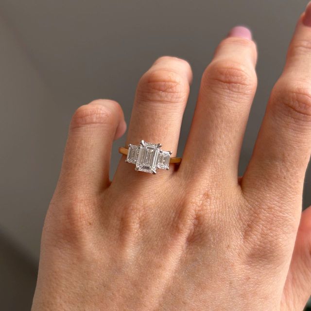 2.10 Carat Natural Emerald Cut Diamond Trilogy Engagement Ring in Two Tone - Julia