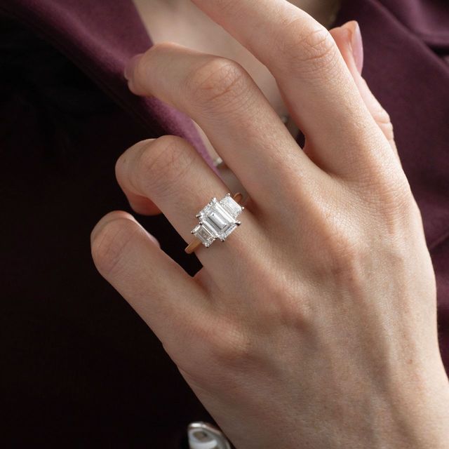 2.10 Carat Natural Emerald Cut Diamond Trilogy Engagement Ring in Two Tone - Julia