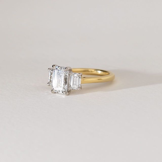 2.10 Carat Natural Emerald Cut Diamond Trilogy Engagement Ring in Two Tone - Julia