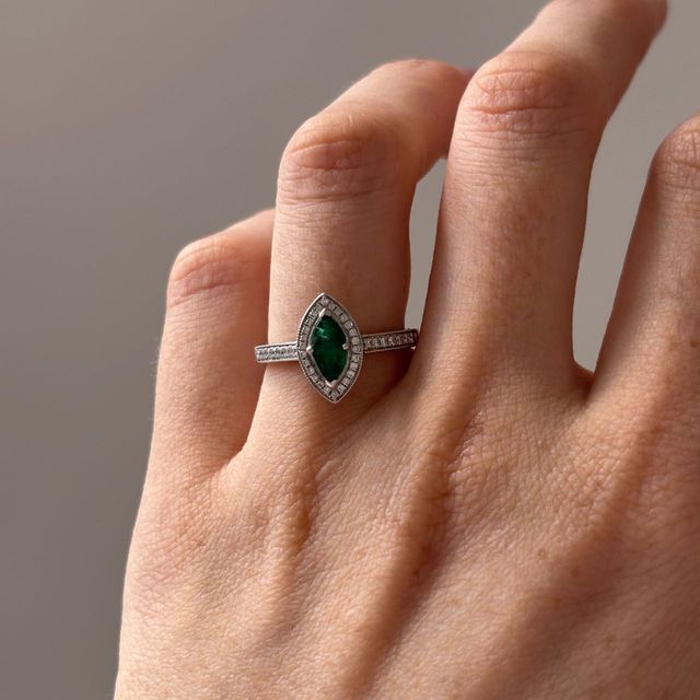 0.30 Carat Natural Marquise Green Emerald Halo Engagement Ring in White Gold - Alika